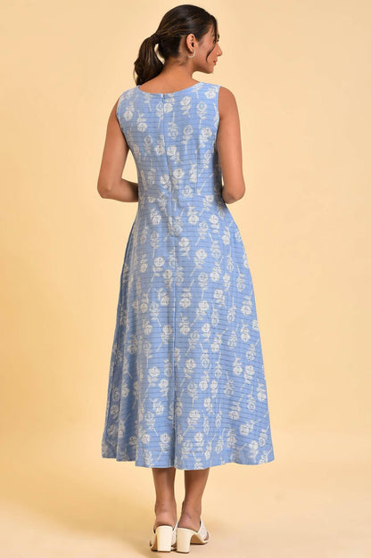 W for Woman Light Blue Printed Cotton Vacation Dress