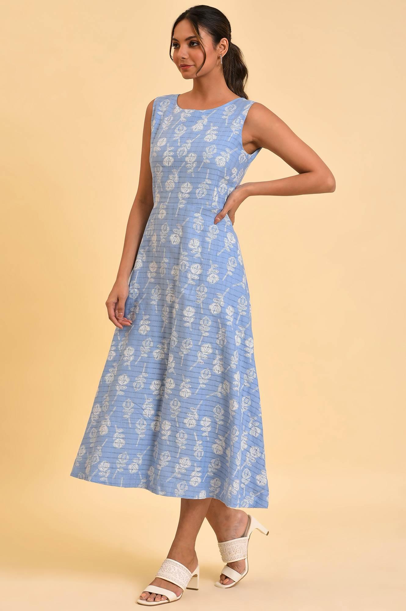 W for Woman Light Blue Printed Cotton Vacation Dress