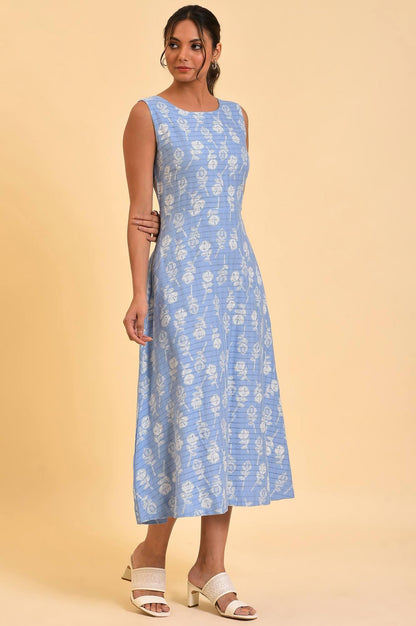 W for Woman Light Blue Printed Cotton Vacation Dress