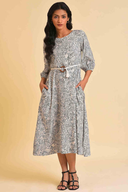 W for Woman Ecru Printed Rayon Moss Dress With Belt