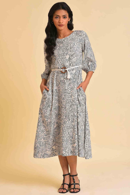 W for Woman Ecru Printed Rayon Moss Dress With Belt