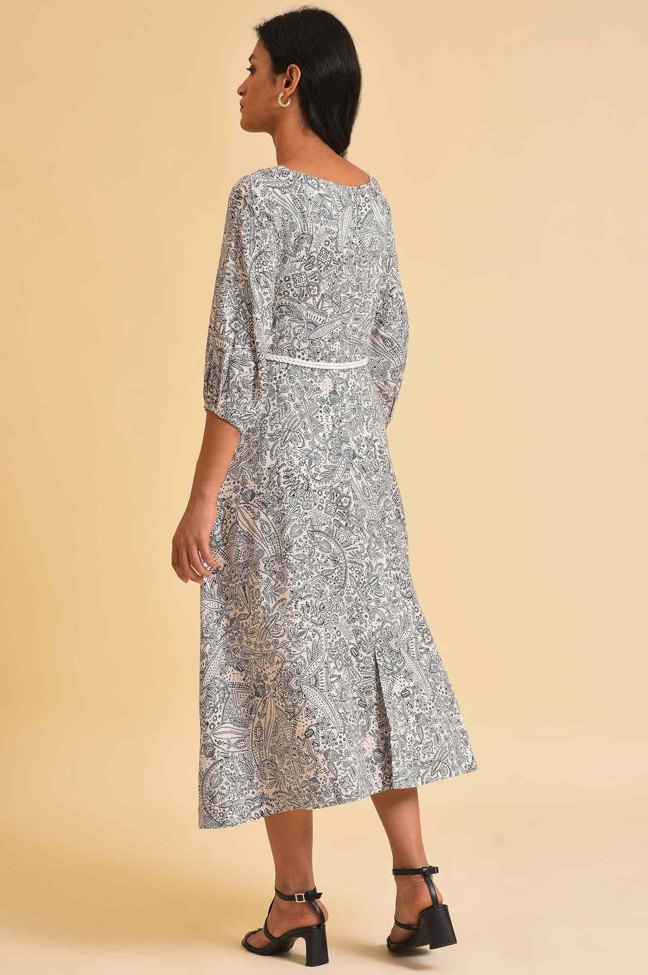 W for Woman Ecru Printed Rayon Moss Dress With Belt
