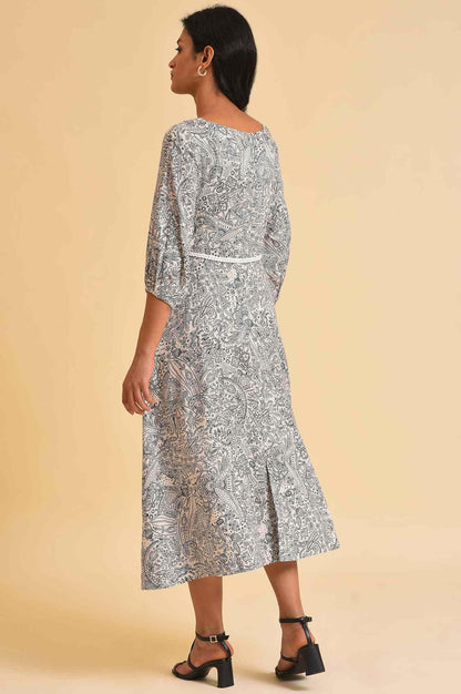 W for Woman Ecru Printed Rayon Moss Dress With Belt