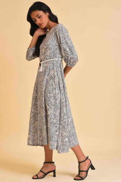 W for Woman Ecru Printed Rayon Moss Dress With Belt