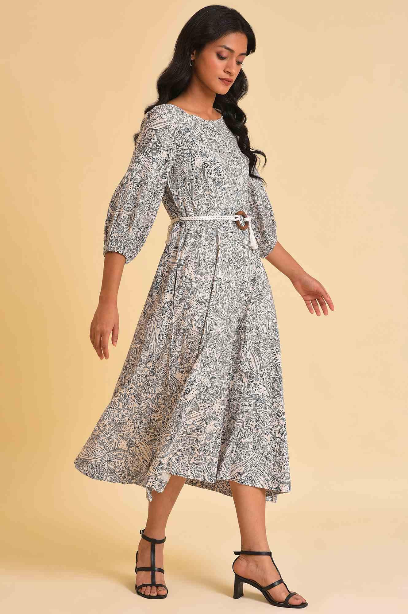 W for Woman Ecru Printed Rayon Moss Dress With Belt