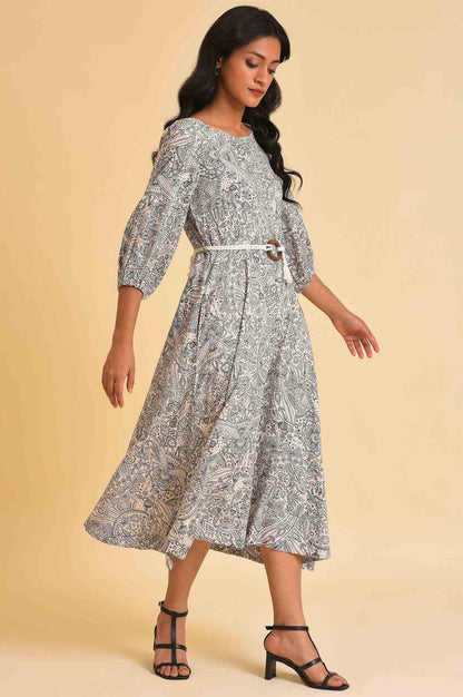 W for Woman Ecru Printed Rayon Moss Dress With Belt