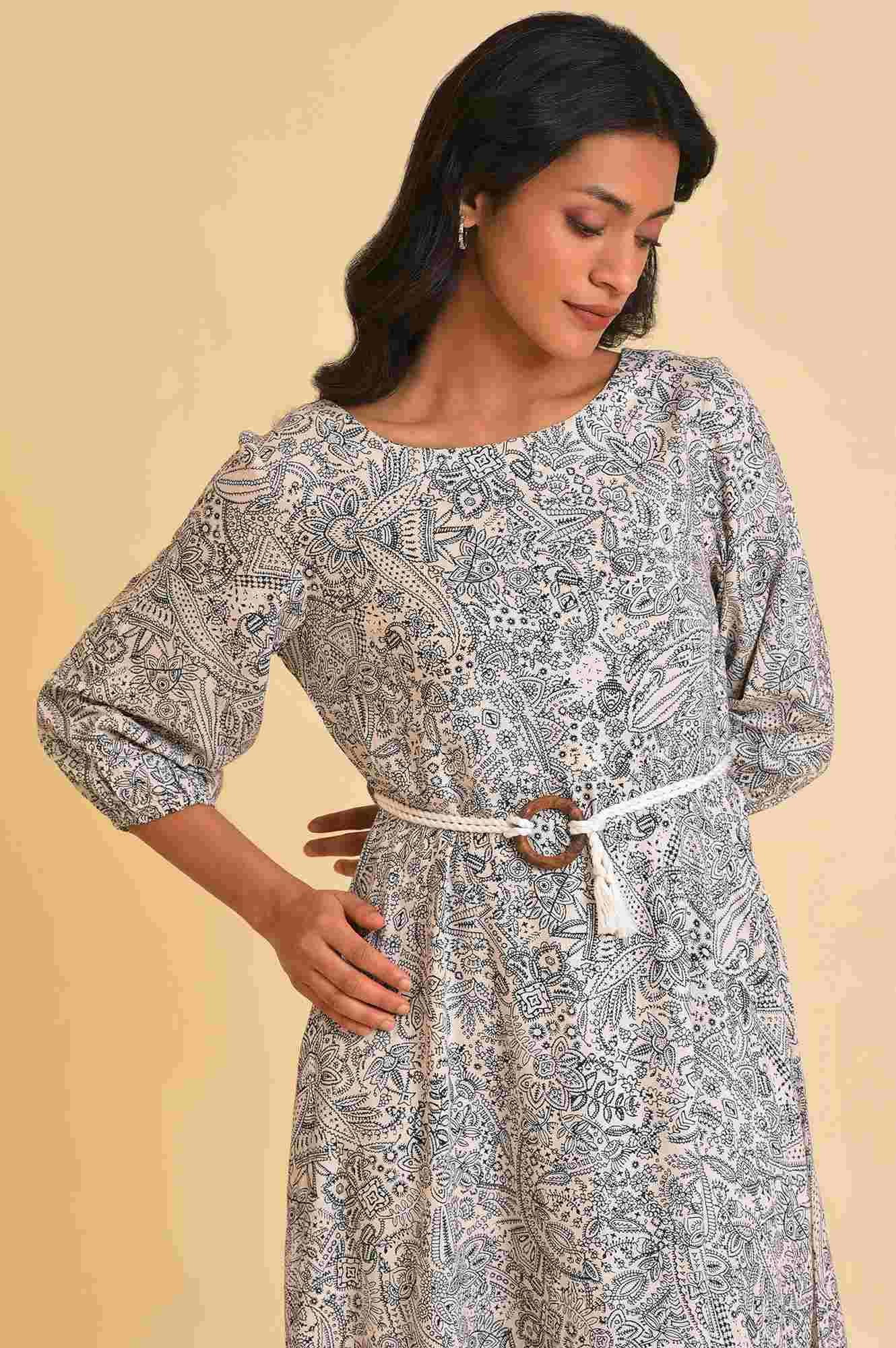 W for Woman Ecru Printed Rayon Moss Dress With Belt