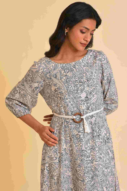 W for Woman Ecru Printed Rayon Moss Dress With Belt