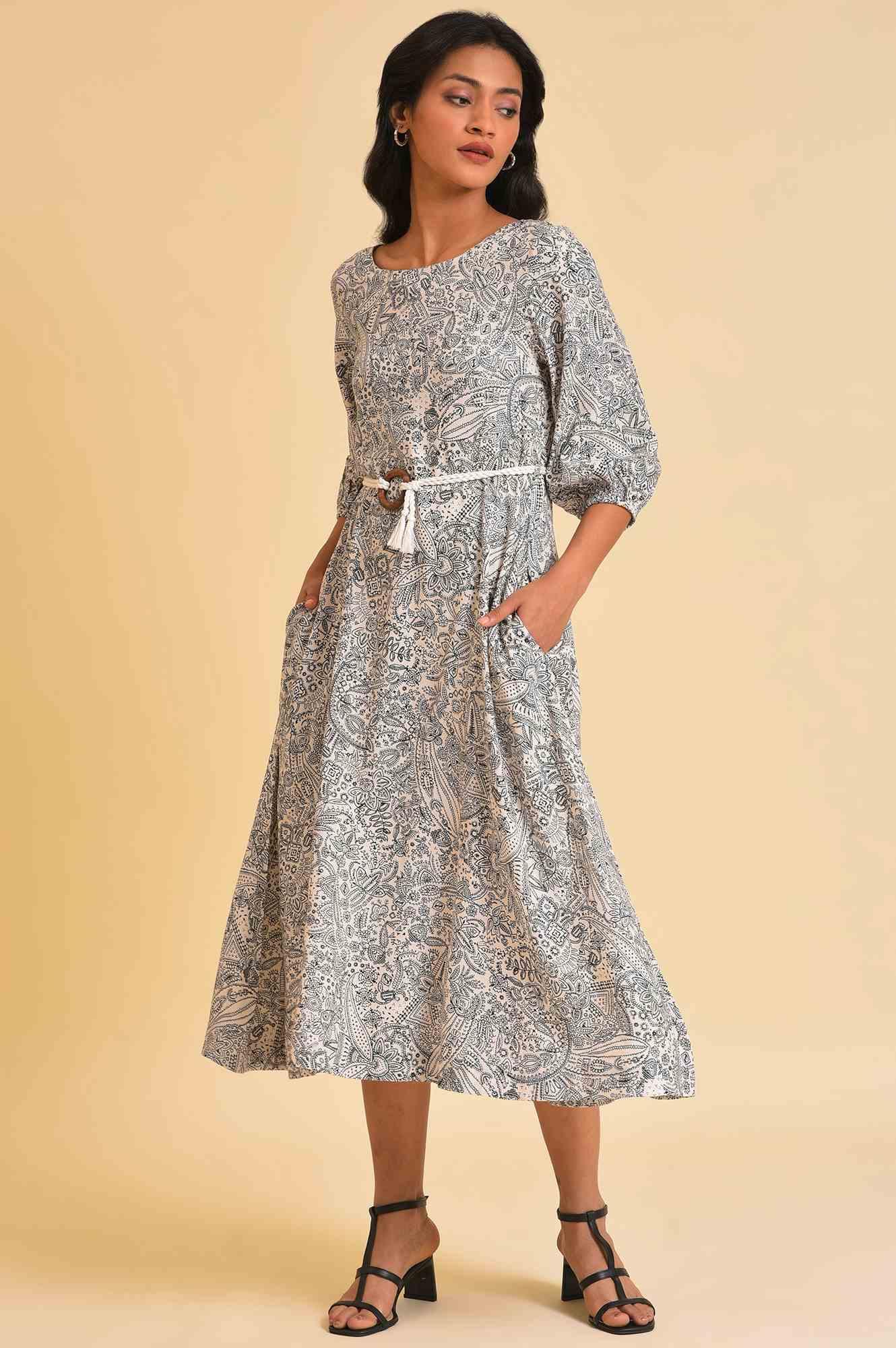 W for Woman Ecru Printed Rayon Moss Dress With Belt