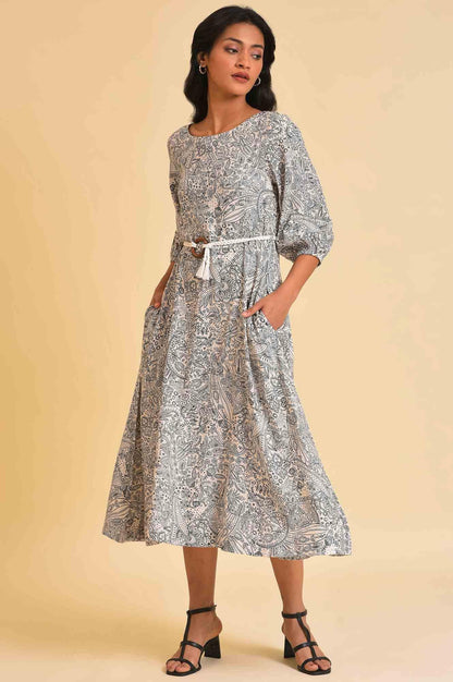 W for Woman Ecru Printed Rayon Moss Dress With Belt