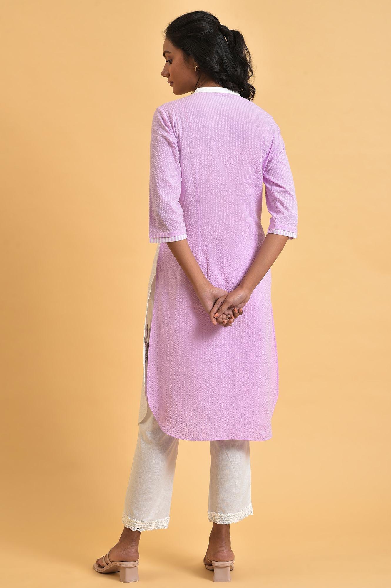W for Woman White And Light Purple Seer Sucker Embroidered Summer kurta