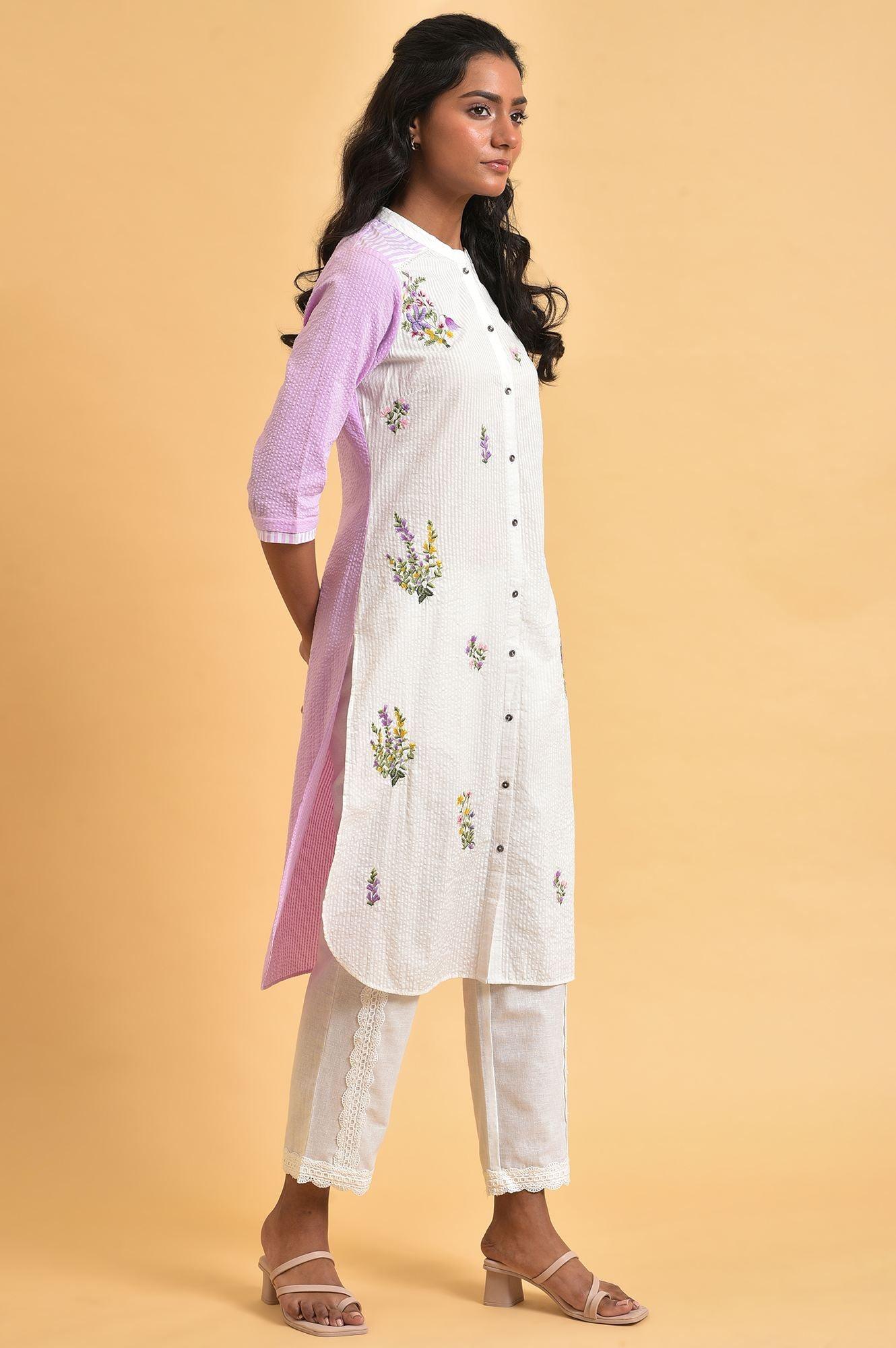 W for Woman White And Light Purple Seer Sucker Embroidered Summer kurta