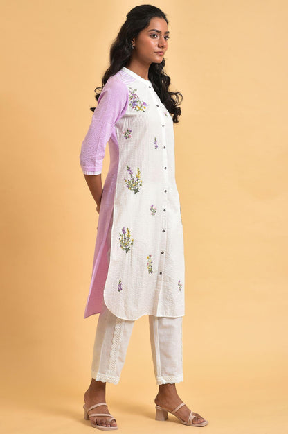 W for Woman White And Light Purple Seer Sucker Embroidered Summer kurta