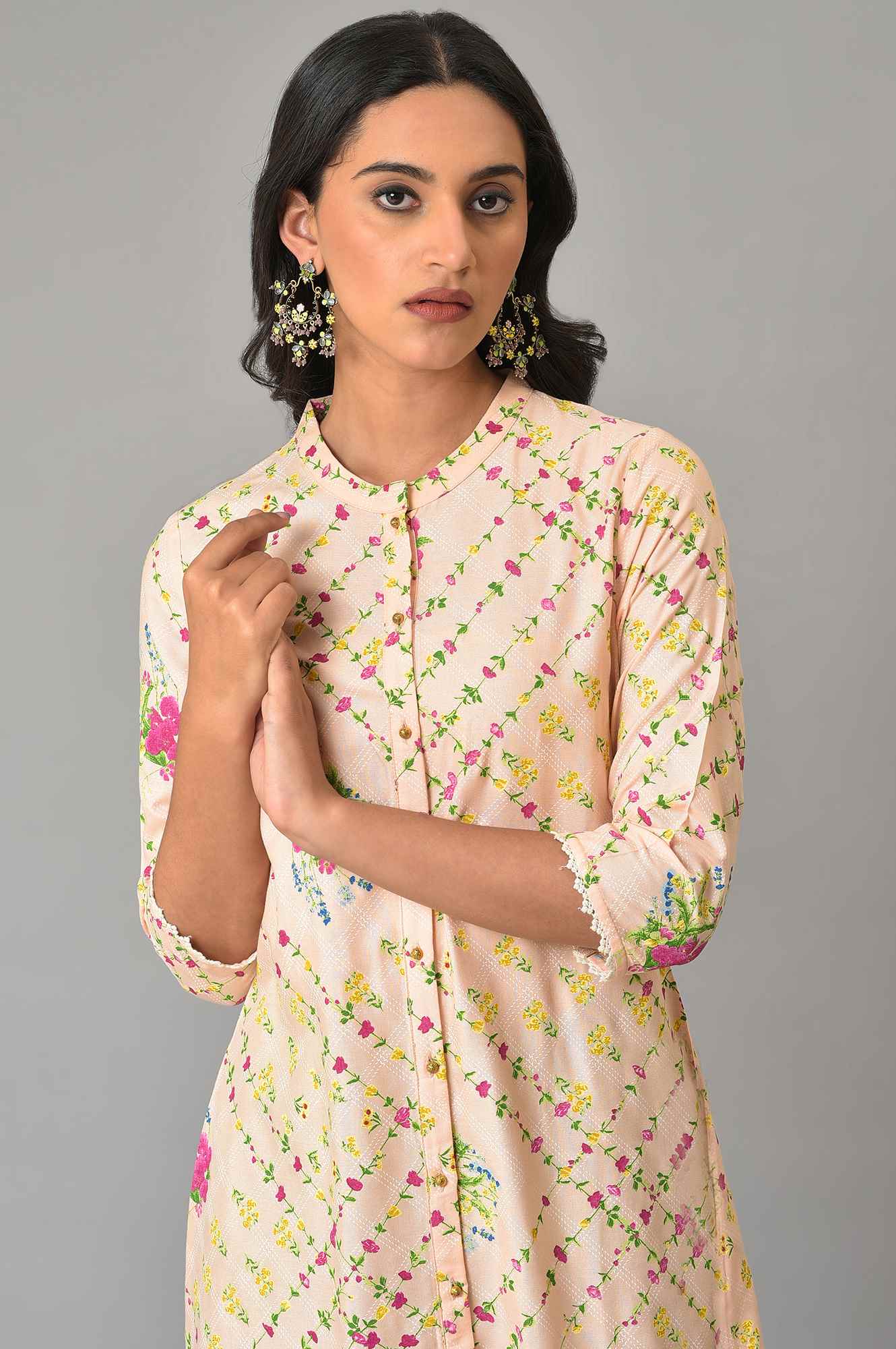 W for Woman Light Orange Floral Printed Lace Rayon A-Line Kurta and Parallel Pant Set