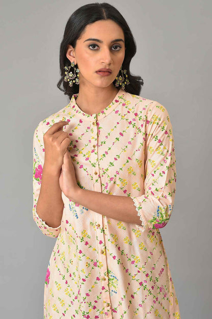 W for Woman Light Orange Floral Printed Lace Rayon A-Line Kurta and Parallel Pant Set