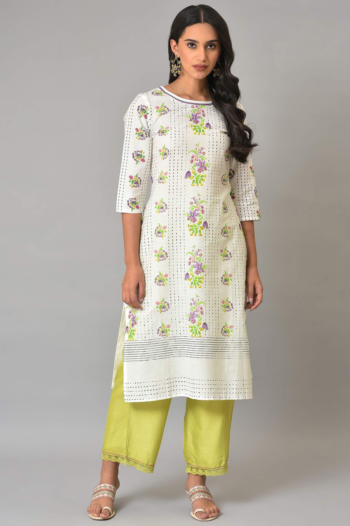 W for Woman Ecru Floral Printed Cotton Kurta