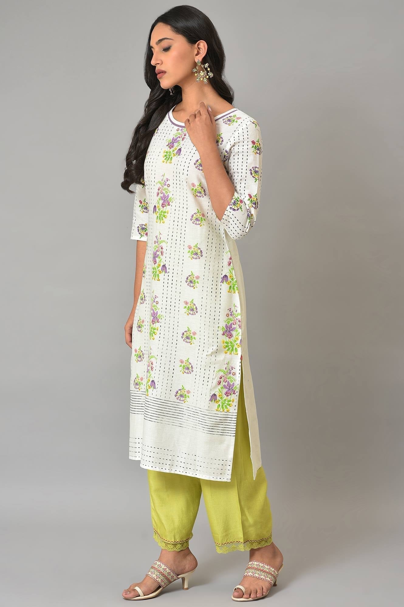 W for Woman Ecru Floral Printed Cotton Kurta