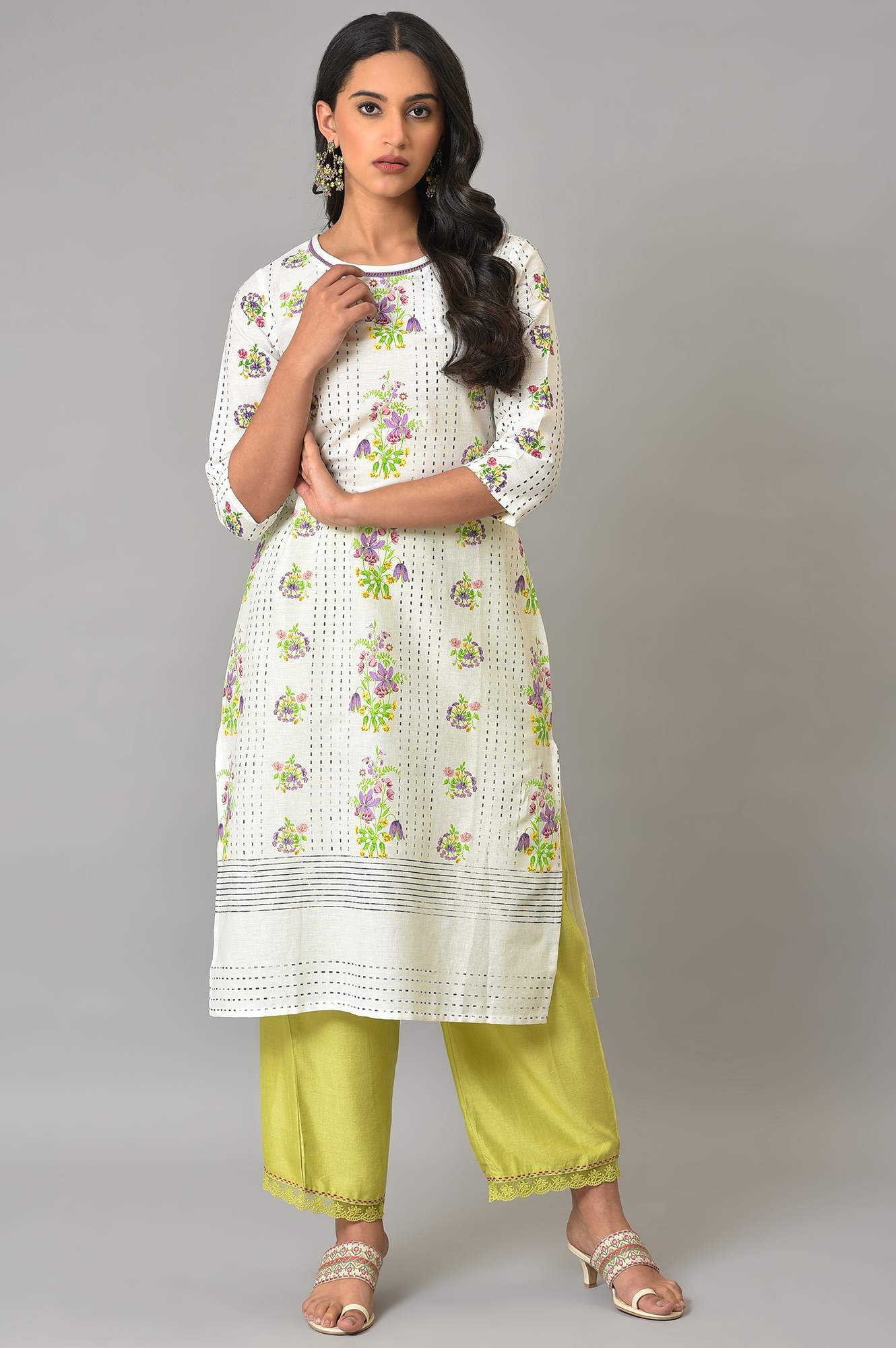 W for Woman Ecru Floral Printed Cotton Kurta