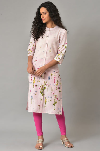 W for Woman Light Pink Floral Printed Kurta in Mandarin Collar