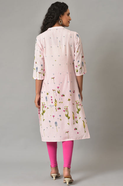 W for Woman Light Pink Floral Printed Kurta in Mandarin Collar