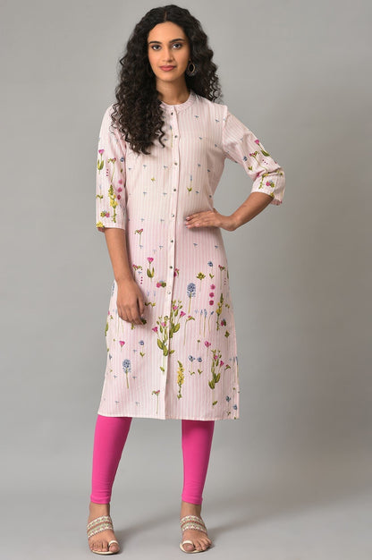 W for Woman Light Pink Floral Printed Kurta in Mandarin Collar