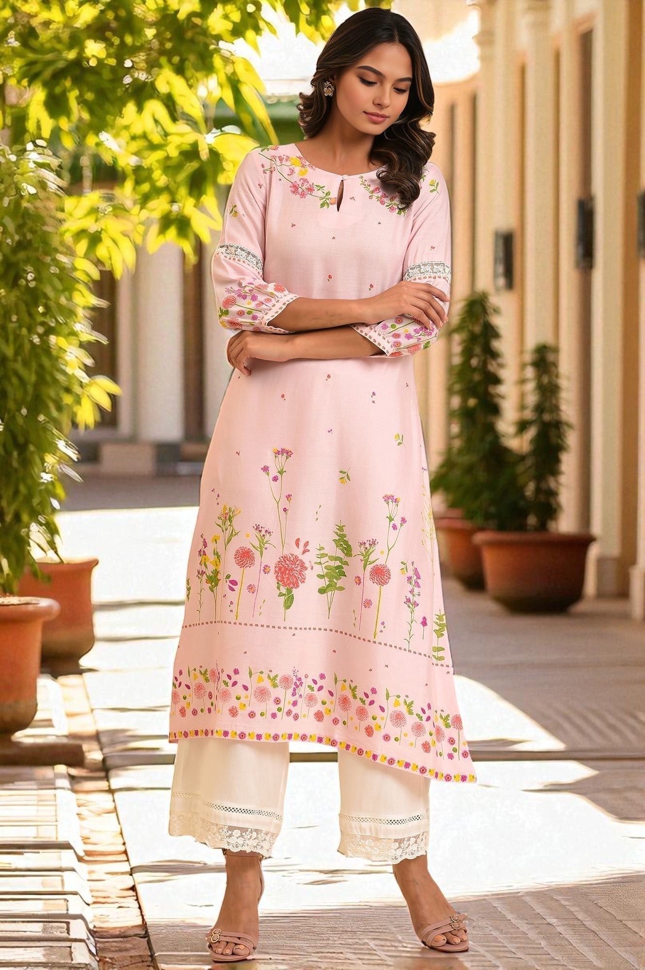 W for Woman Light Pink Floral Printed Summer kurta