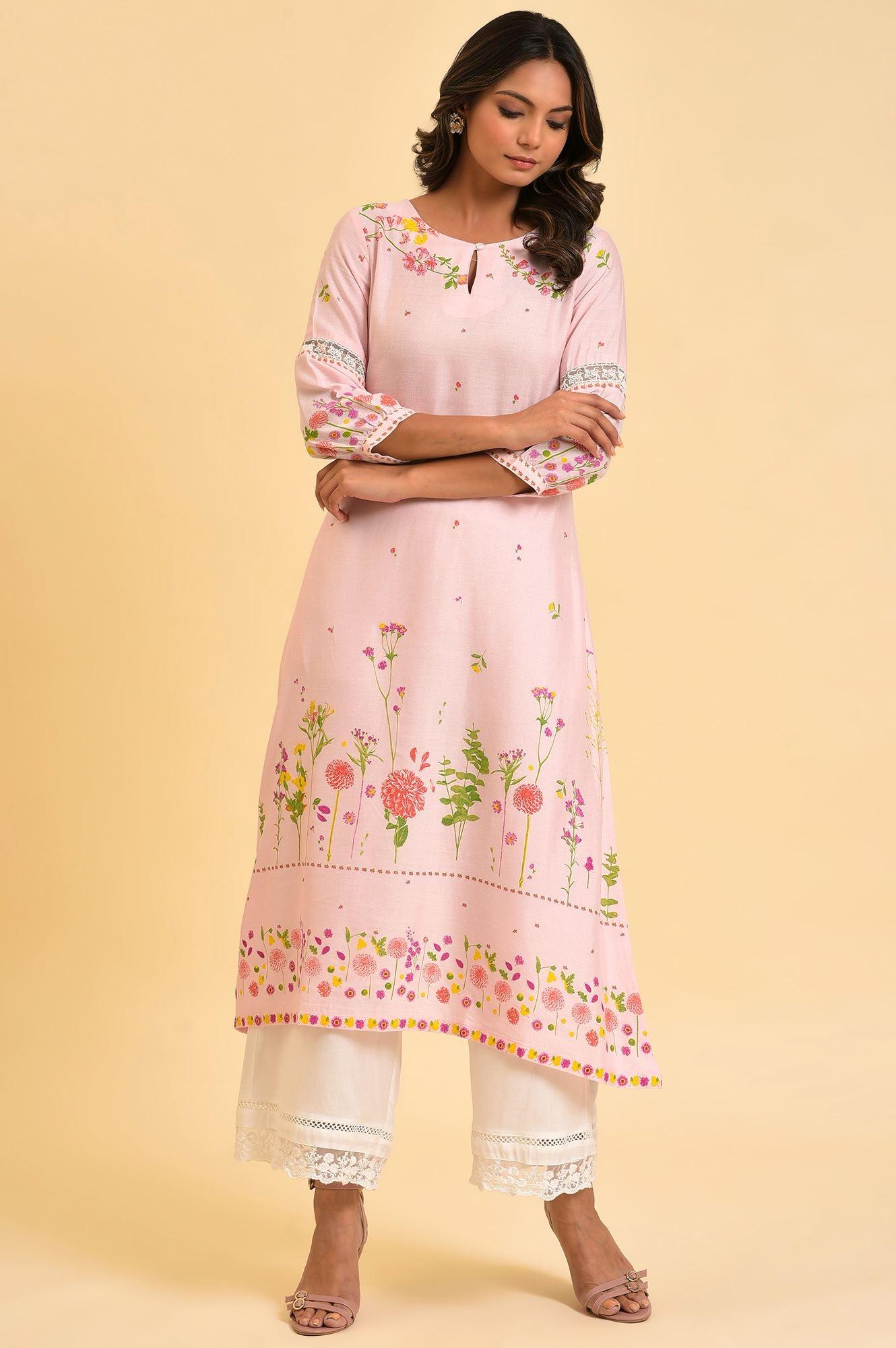 W for Woman Light Pink Floral Printed Summer kurta