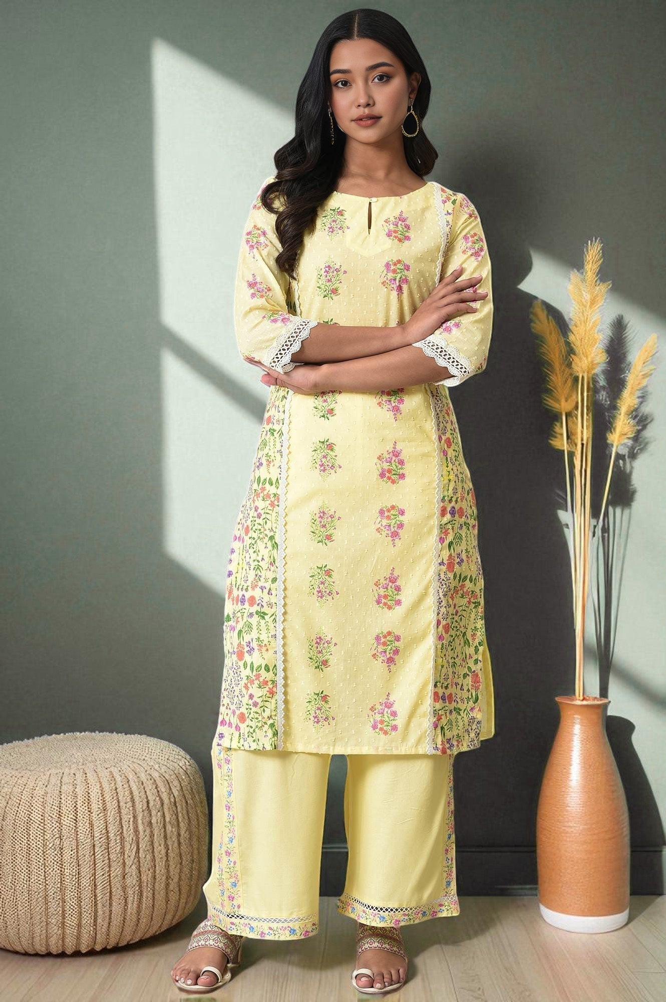 W for Woman Yellow Panelled Floral kurta With Lace Detail