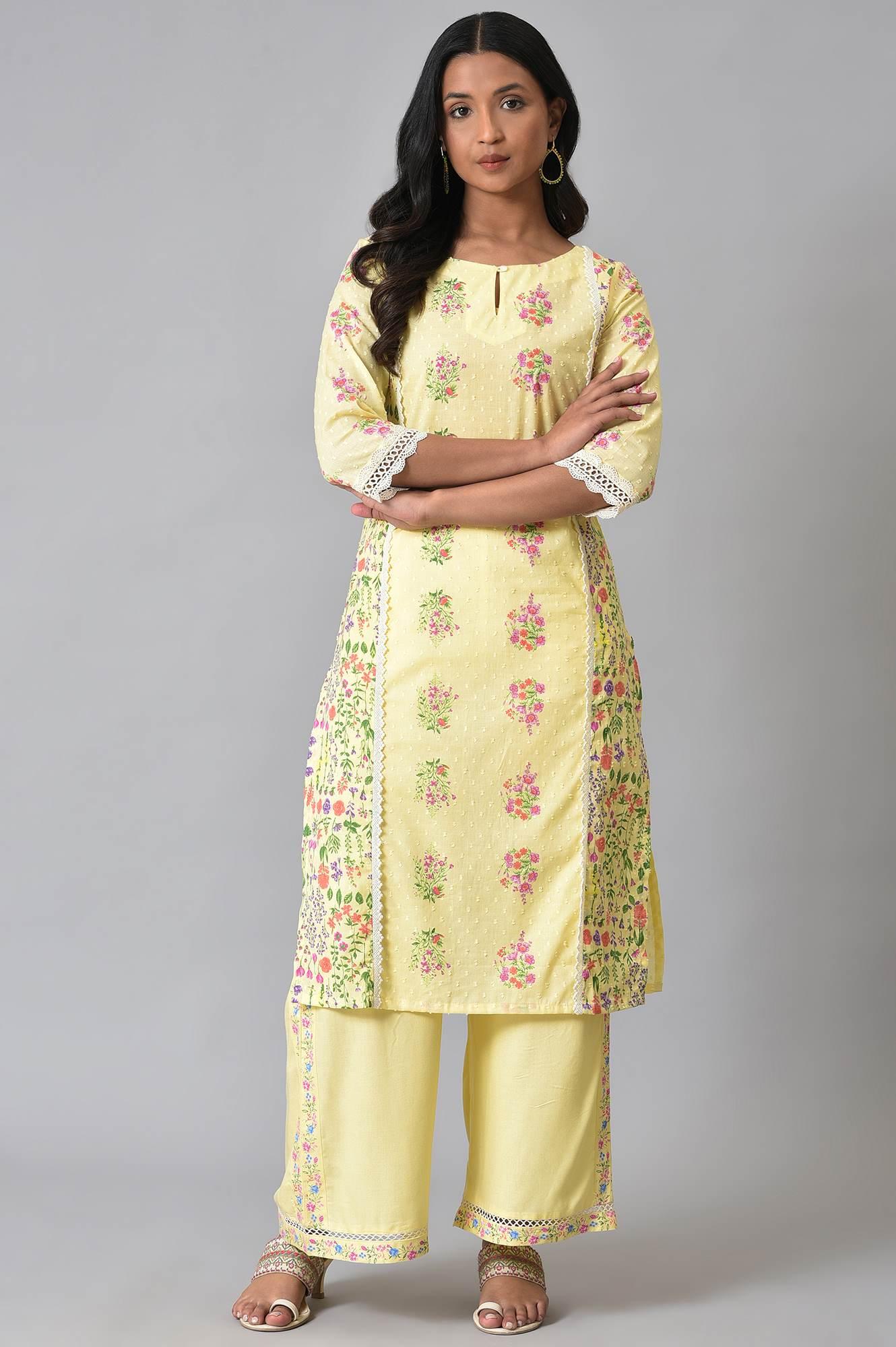 W for Woman Yellow Panelled Floral kurta With Lace Detail