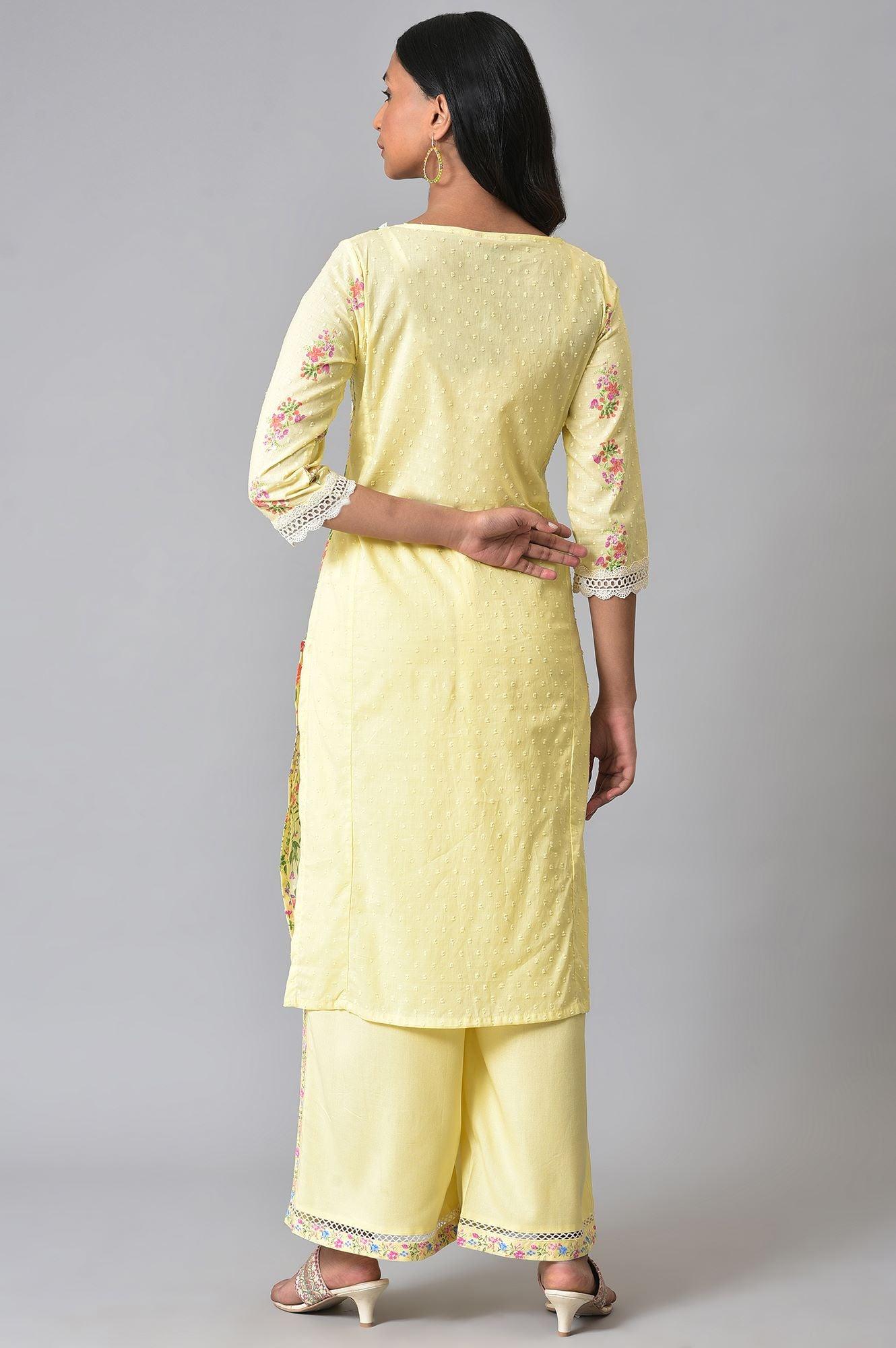 W for Woman Yellow Panelled Floral kurta With Lace Detail