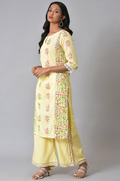 W for Woman Yellow Panelled Floral kurta With Lace Detail