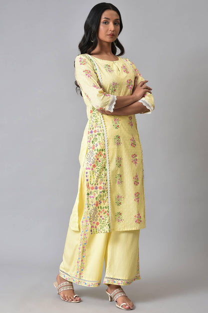 W for Woman Yellow Panelled Floral kurta With Lace Detail