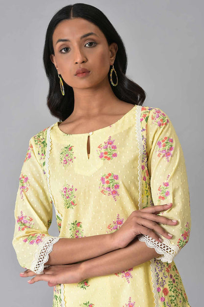 W for Woman Yellow Panelled Floral kurta With Lace Detail