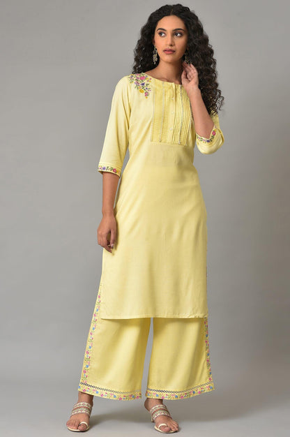 W for Woman Yellow Embroidered Plus Size Summer kurta With Pleats On Yoke