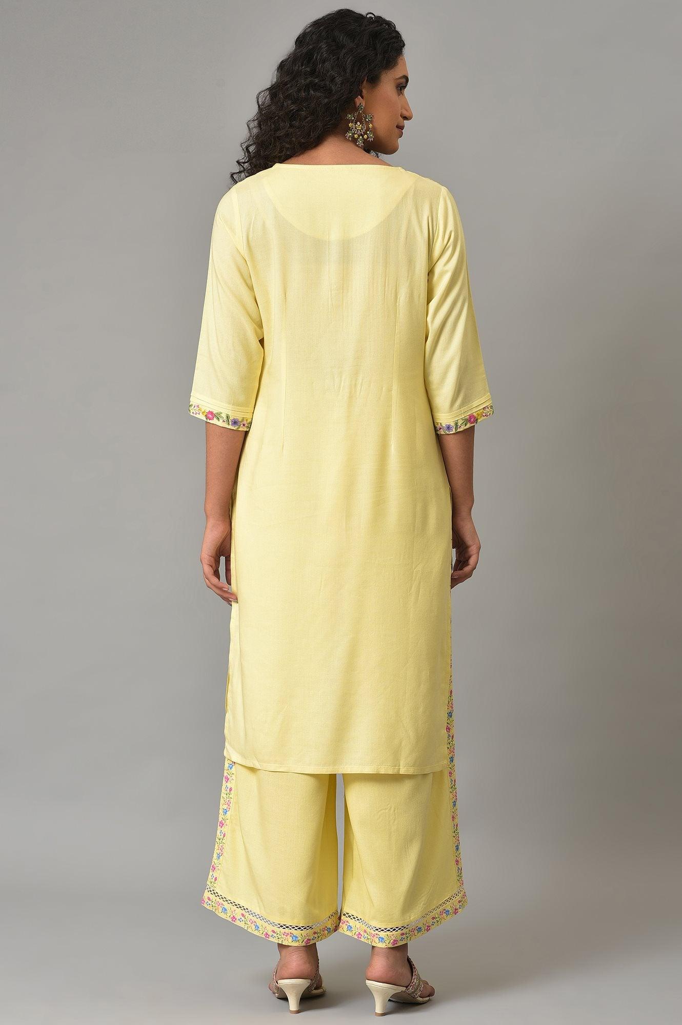 W for Woman Yellow Embroidered Plus Size Summer kurta With Pleats On Yoke