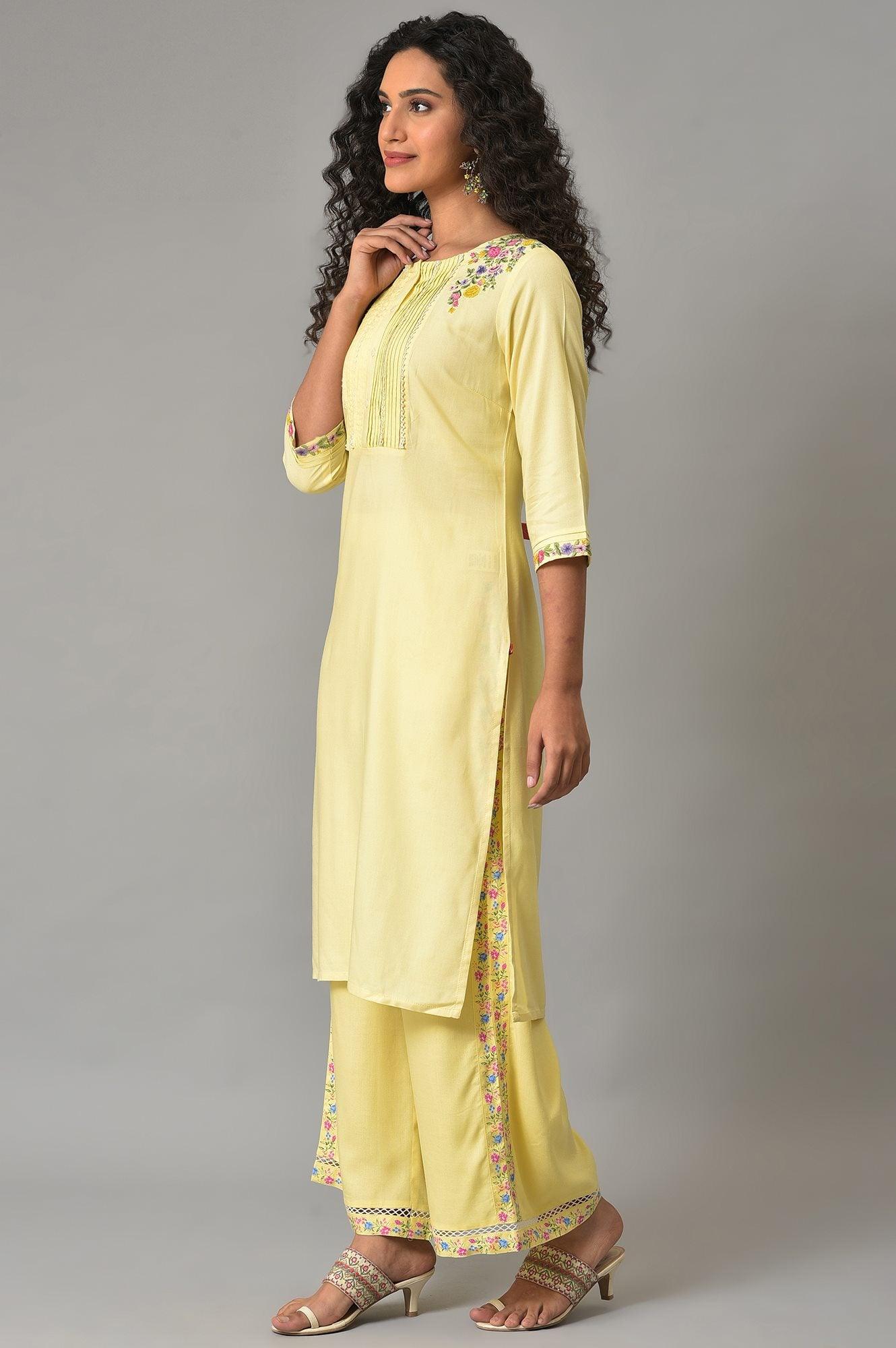 W for Woman Yellow Embroidered Summer kurta With Pleats On Yoke