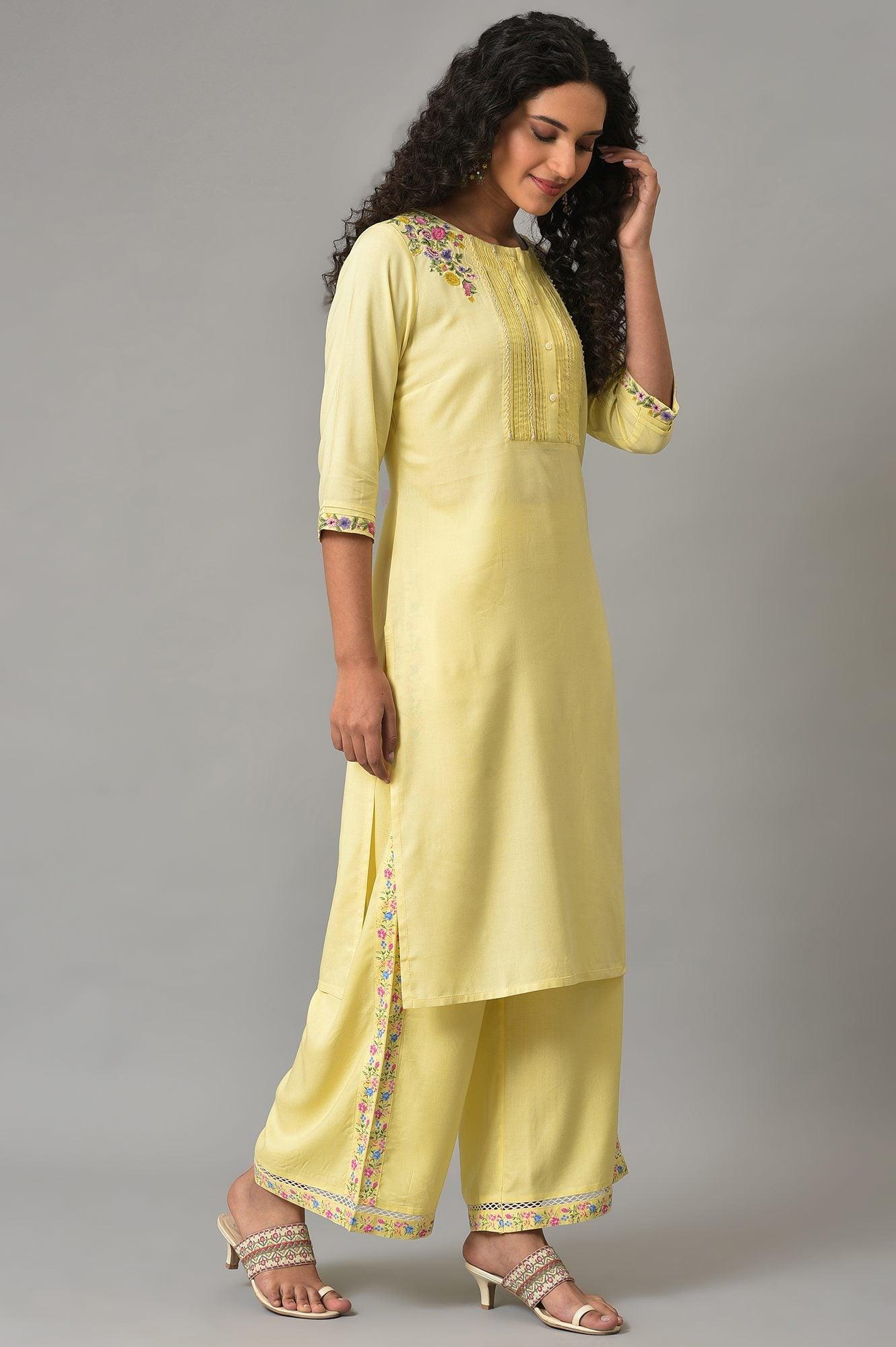 W for Woman Yellow Embroidered Summer kurta With Pleats On Yoke