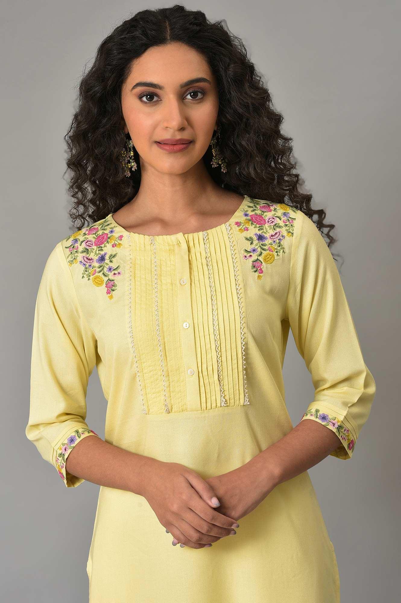 W for Woman Yellow Embroidered Summer kurta With Pleats On Yoke