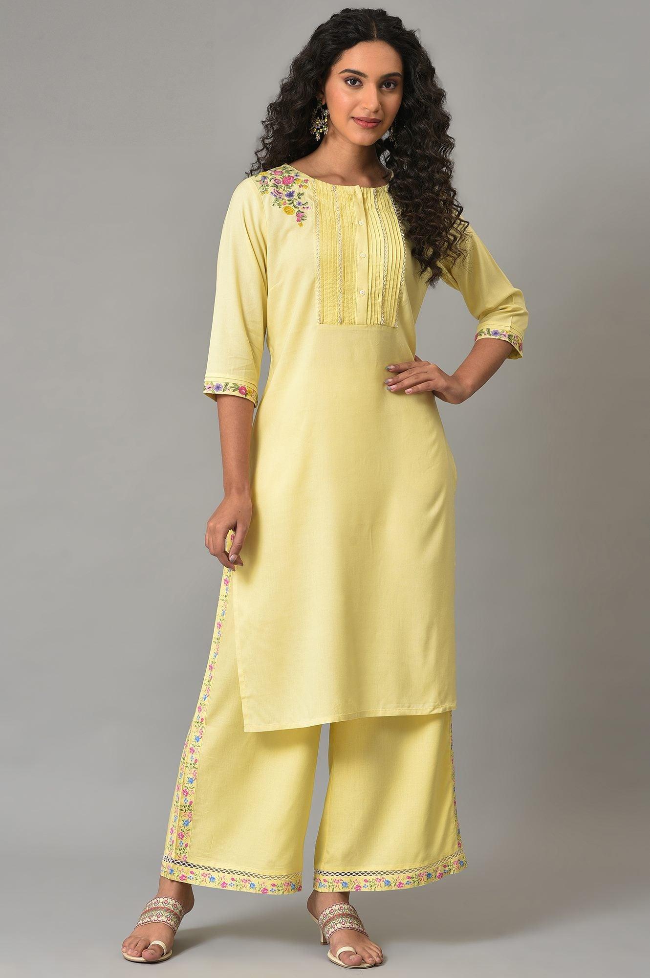 W for Woman Yellow Embroidered Summer kurta With Pleats On Yoke