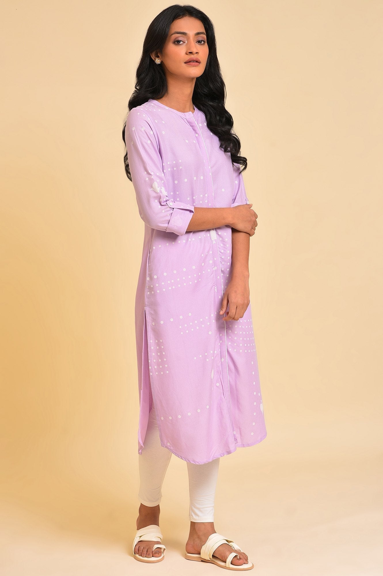 W for Woman Light Purple Polka Dot Modern Kurta