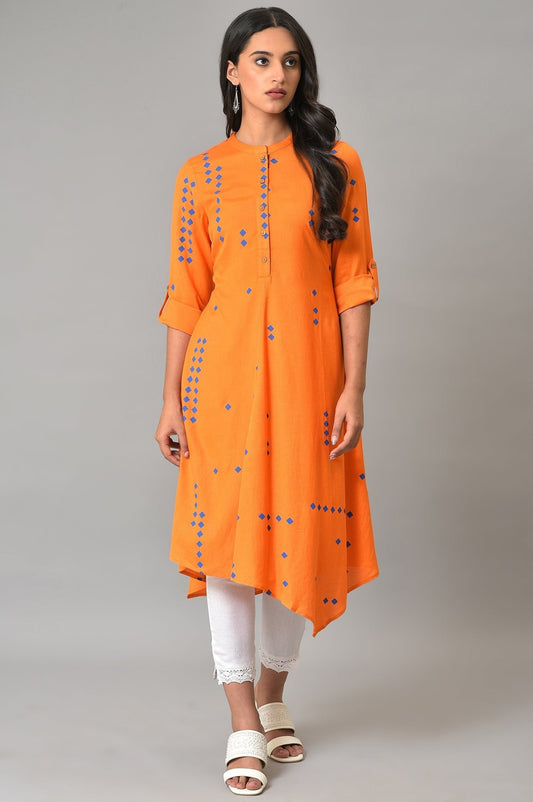 W for Woman Orange Printed Asymmetrical Plus Size kurta