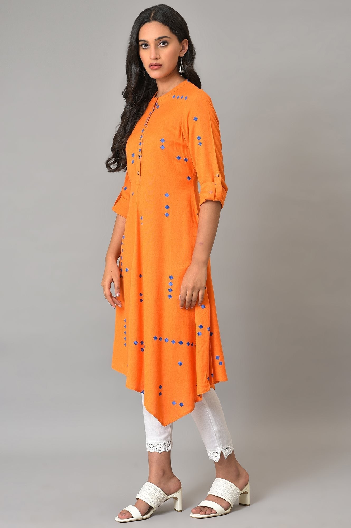 W for Woman Orange Printed Asymmetrical Plus Size kurta