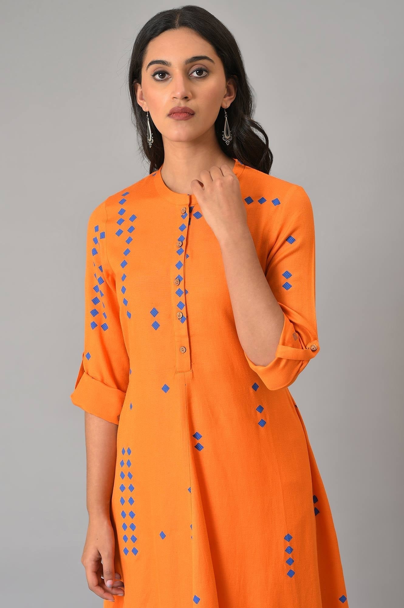 W for Woman Orange Printed Asymmetrical Plus Size kurta
