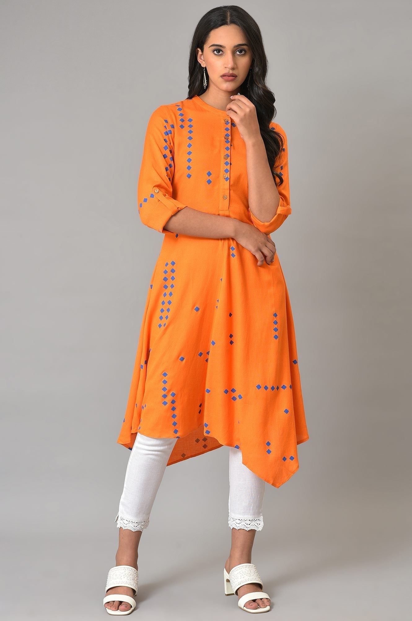 W for Woman Orange Printed Asymmetrical Plus Size kurta