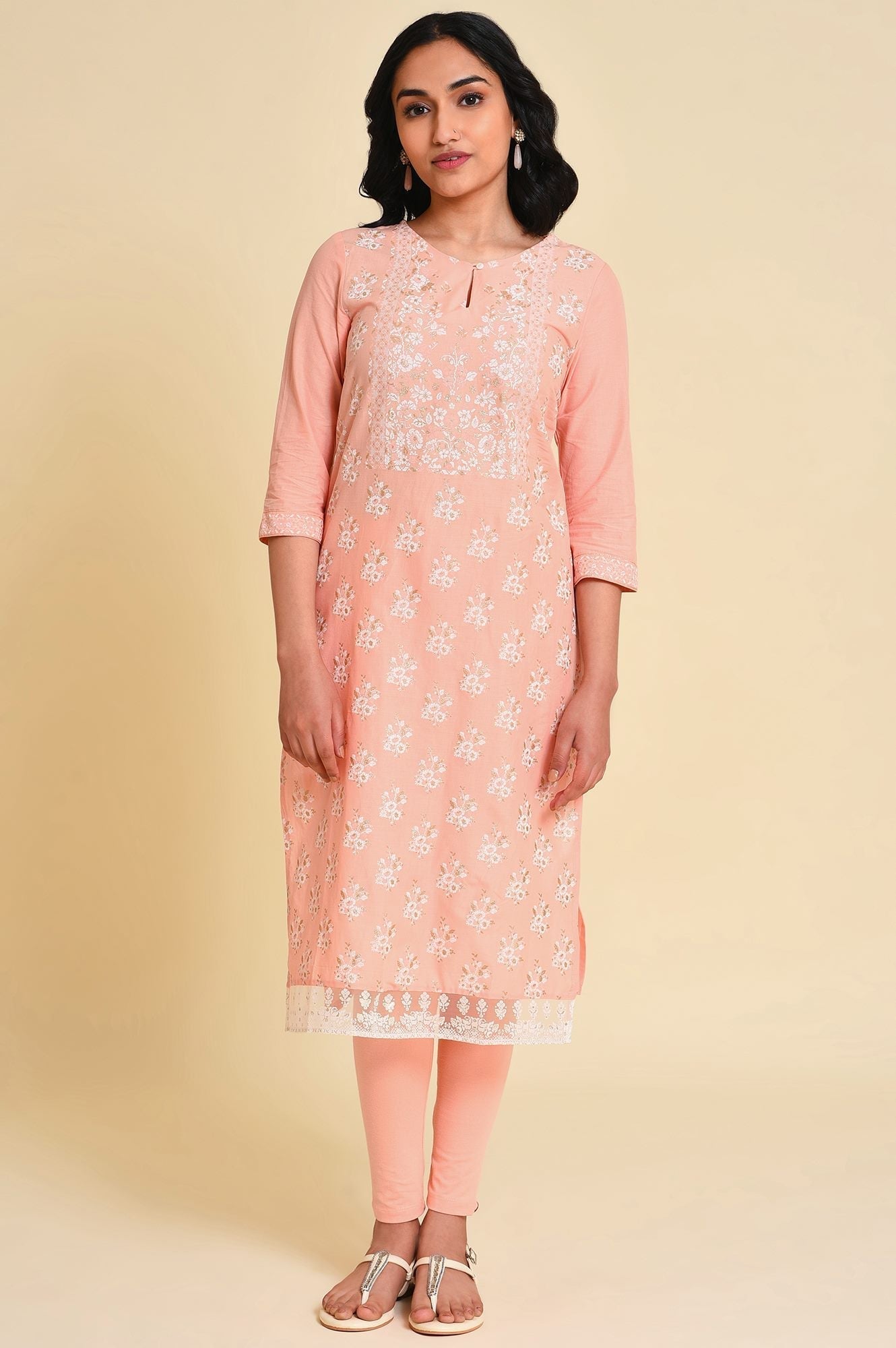 W for Woman Peach Glitter Printed kurta