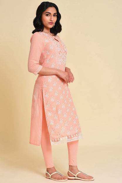 W for Woman Peach Glitter Printed kurta