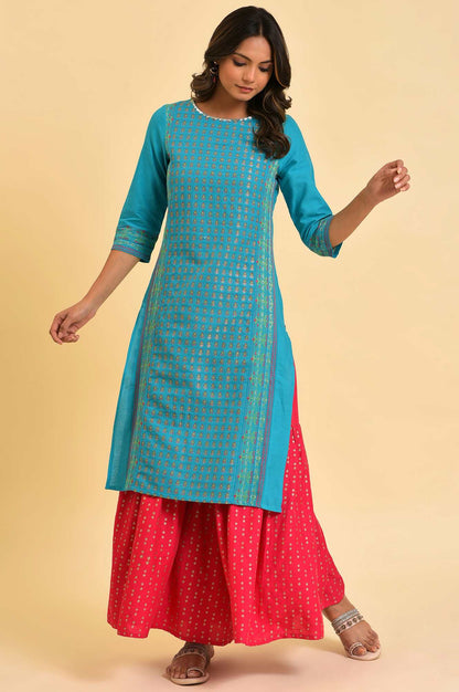 W for Woman Blue Round Neck Dobby Kurta with Sequins