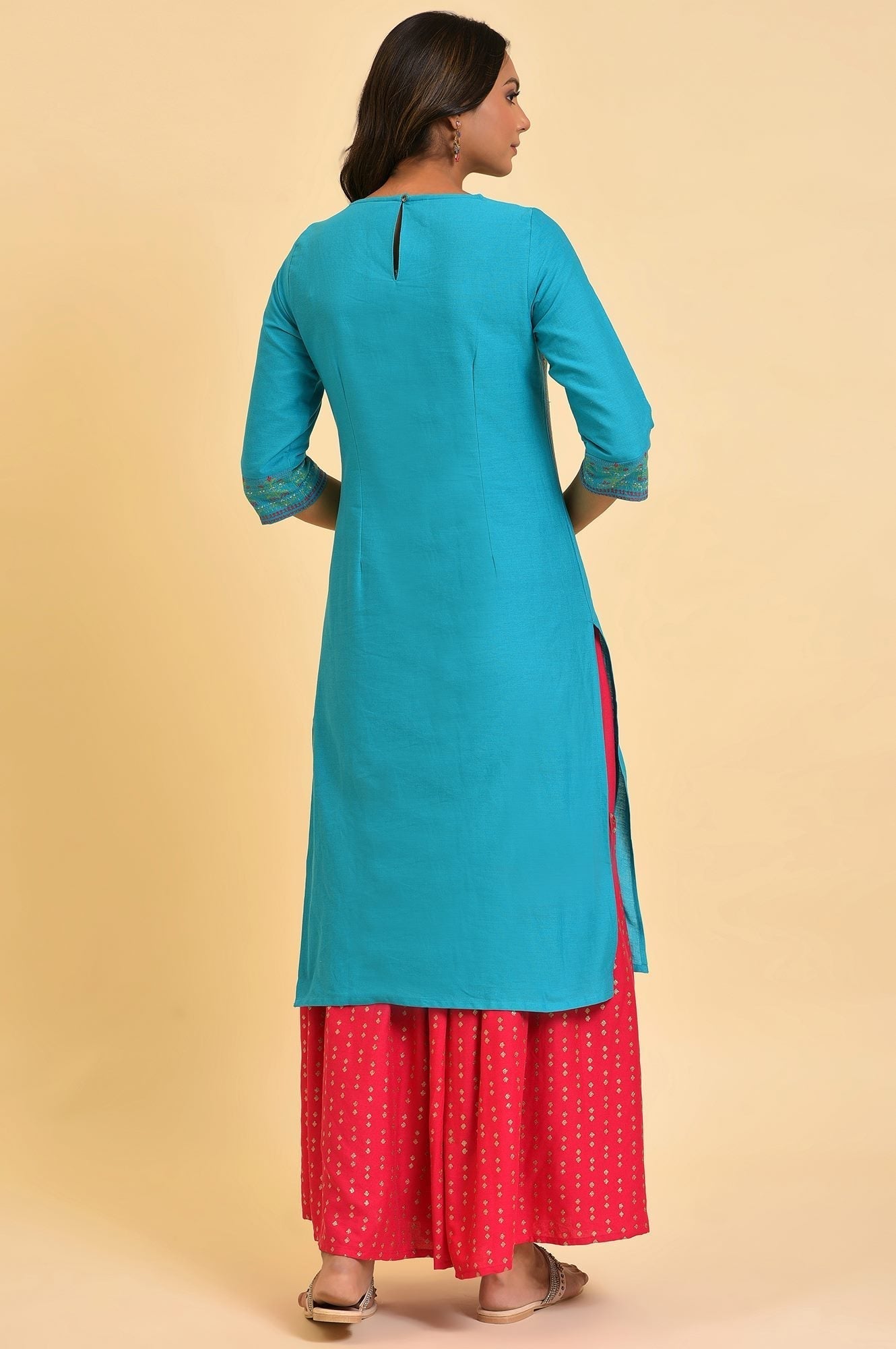 W for Woman Blue Round Neck Dobby Kurta with Sequins