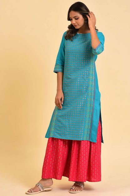 W for Woman Blue Round Neck Dobby Kurta with Sequins
