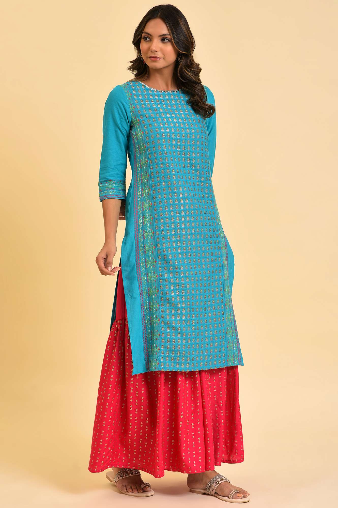 W for Woman Blue Round Neck Dobby Kurta with Sequins